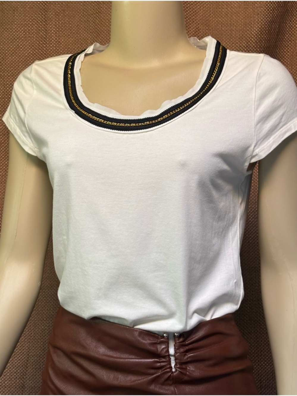 Ann Taylor White Short Sleeve Scoop Neck Top with Black & Gold Trim